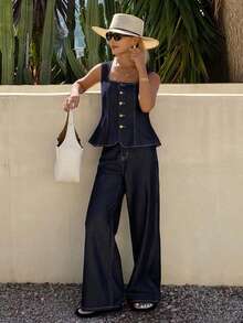 DAZY Bộ áo vest và quần jeans nữ mùa hè - Rửa tối - Xem 1