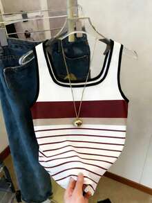 Resyla Contrast Stripe Fitted Tank Top For Women - Brown - View 4