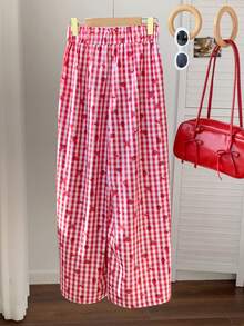SHEIN EZwear 女士红色格子梭织阔腿裤 - 紅色 - 查看 2