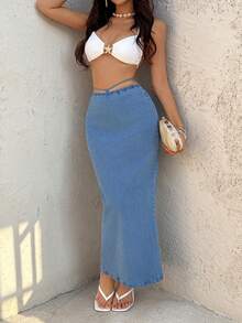 Sunnyshic Women's Casual Vacation Slit Denim Skirt - Blue - View 7