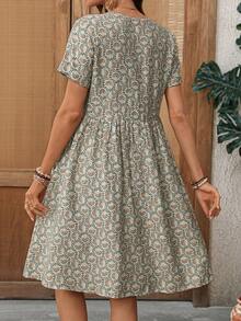 EMERY ROSE Women's V-Neck Allover Print Pleated Casual Summer Short Dress - Multicolor - View 2