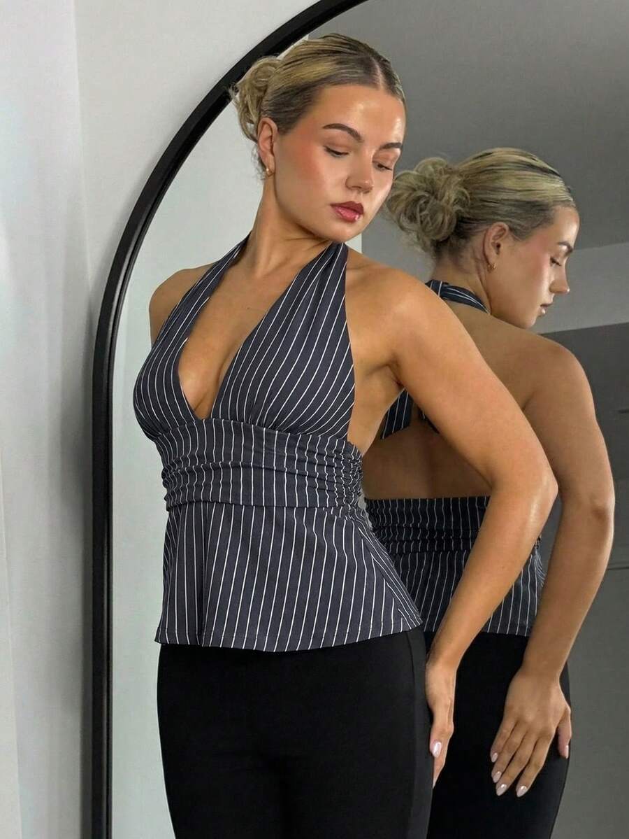 Bethéva Halter Deep V-Neck Cinched Waist A-Line Backless Striped Tank Top - Grey - View 1