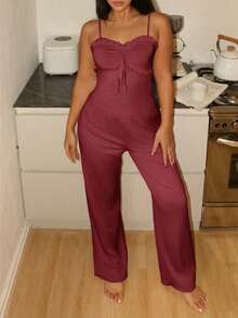 Lowkey Lull Conjunto de pijama informal de estilo Y2K para mujer con tirantes de espagueti, volantes y tela de seda suave y cómoda con estiramiento - Burdeos - Ver 5