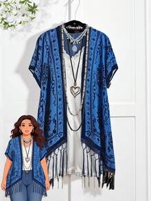 Rusticease 大码女式夏季花卉印花流苏拼布和服 - 藍色 - 查看 1