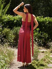 KARISMINA Spring & Summer Vacation Knitted Polka Dot Print Halter Backless Dress For Women,Summer Dresses For Women - Burgundy - View 2
