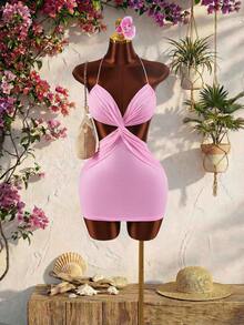 Amplova 2026新款度假风低胸露背性感迷你连衣裙 - 粉色 - 查看 5