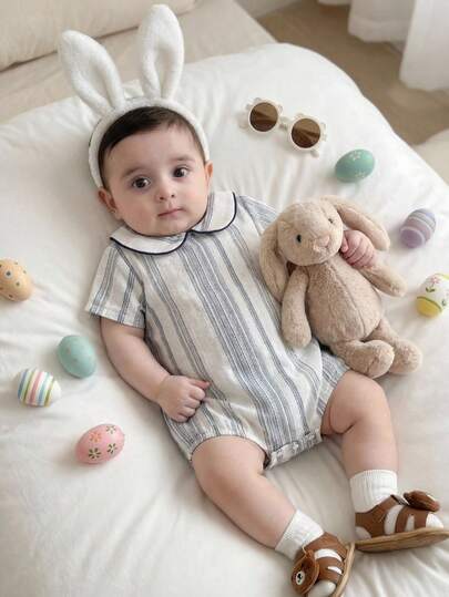 SHEIN Newborn Baby Unisex Casual Cute Striped Lapel Romper, Suitable For Birthday Party, Rave, Evening Party, Performance, Wedding, Full Moon Celebration, Christening And 1st Birthday, Wedding Guest, Baby Shower