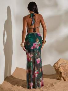 Opulessa Spring & Summer Vacation Knitted Mesh Printed Halter Backless Dress For Women,Summer Dresses For Women - Green - View 2