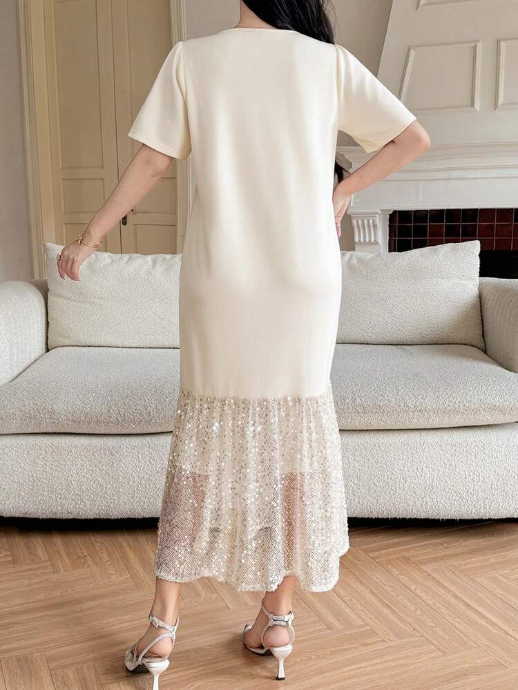 Women's Elegant Lace Patchwork Round Neck Midi Dress, Suitable For Holiday Wear, Spring & Summer