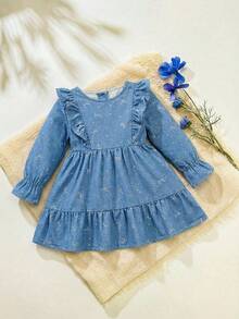 女婴牛仔连衣裙，新款上市，甜美可爱的蝴蝶印花水洗牛仔连衣裙，适合日常外出、度假、派对穿着。 - 淺色水洗藍 - 查看 5
