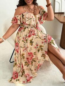 Ceyna Đầm maxi trễ vai hai dây bằng chiffon họa tiết hoa, thanh lịch, thoải mái dành cho nữ cỡ lớn, phù hợp cho đi biển, du lịch, dã ngoại và mặc hàng ngày. - Màu be - Xem 5