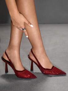 CUCCOO SZL Women's Pointed Toe High Heel Black Mesh Rhinestone Embellished Fashionable Sexy Glamorous Party Occasion Stilettos With Ankle Strap - Burgundy mirror 1 - View 9