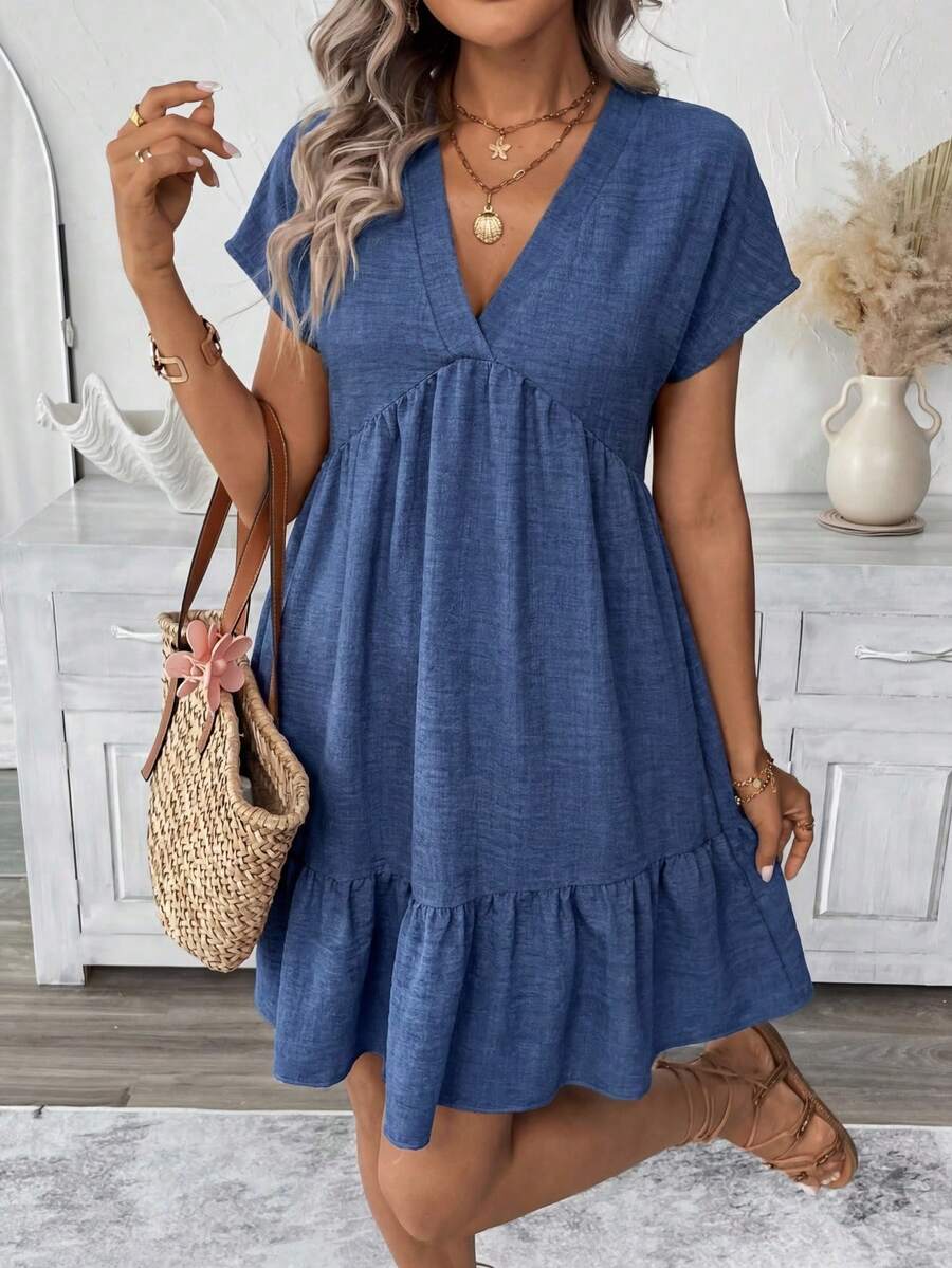 SHEIN LUNE 女士休闲V领娃娃裙 - 藍色 - 查看 1