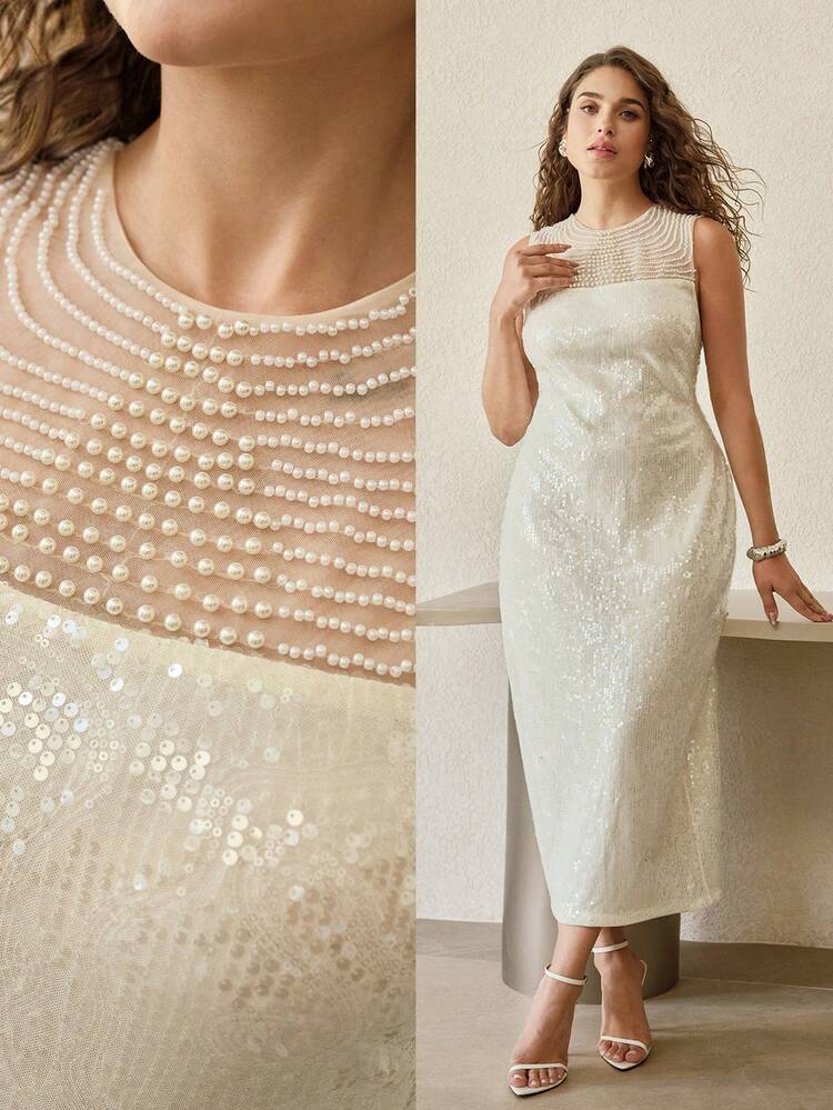 PLUS SIZE ELEGANT SLEEVELESS LONG-LENGTH SEQUIN PARTY DRESS – FAUX PEARL-EMBELLISHED GEOMETRIC ROUND NECK, FORM-FITTING SILHOUETTE WITH BACK ZIPPER & BACK SLIT DETAIL | IDEAL FOR NEW YEAR'S EVE, GALAS & FORMAL PARTIES | STYLE WITH STRAPPY HEELS & DELICATE JEWELRY