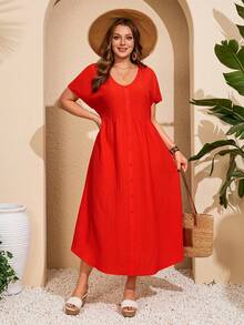 Vestido a cuadros de manga corta y cuello en V para mujer de talla, para vacaciones de verano - Naranja Coral - Ver 4