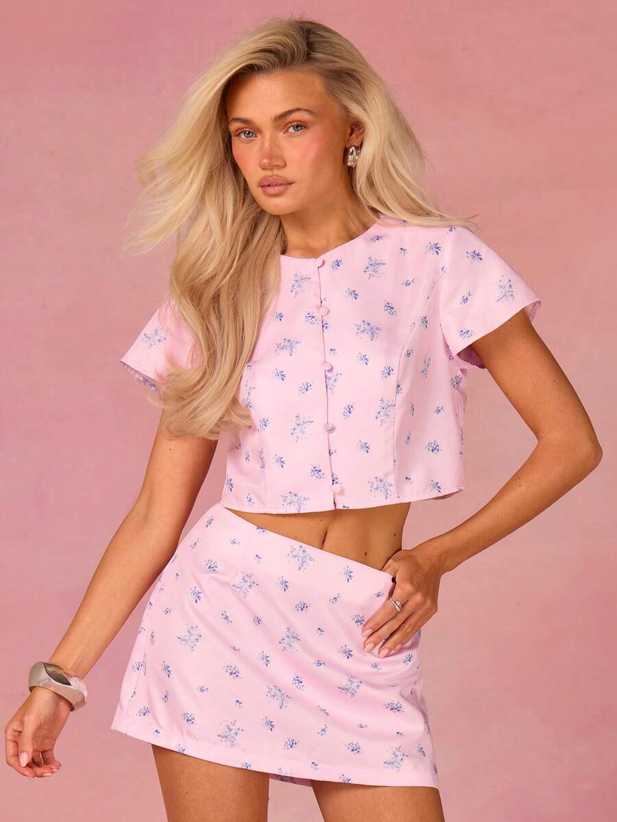 Athîral 女士优雅碎花衬衫半裙两件套，夏季 - 粉色 - 查看 1