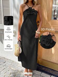 Sylviya Women's Casual Tropical Elegant Tropical Tropical 3D Floral Halter Slit Dress Neck Black Maxi Long Summer Beach Vacation Vacation Vacation Outfit - Black - View 5
