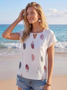 Sylviya 女士休闲羽毛印花镂空领口衬衫，夏季，休闲 - 白色 - 查看 3