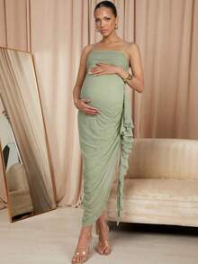 MaterniChic Maternity Summer Sage Green Elegant Party Pregnant Spaghetti Strap Ruffle Hem Dress For Photography,Baby Shower,Wedding Guest And Luxury Evening Out - Green - View 13