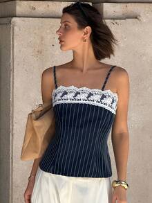 Siren Gaze 2025年春夏新款女士蕾丝边吊带背心，独特简约短款露脐吊带背心 - 藏蓝色 - 查看 6