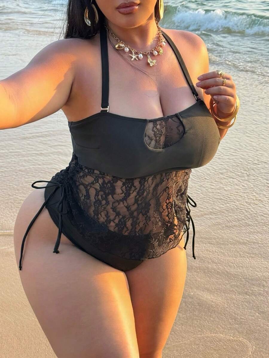 Swim SXY 大码女士撞色蕾丝吊带背心式泳衣套装 - 黑色 - 查看 1