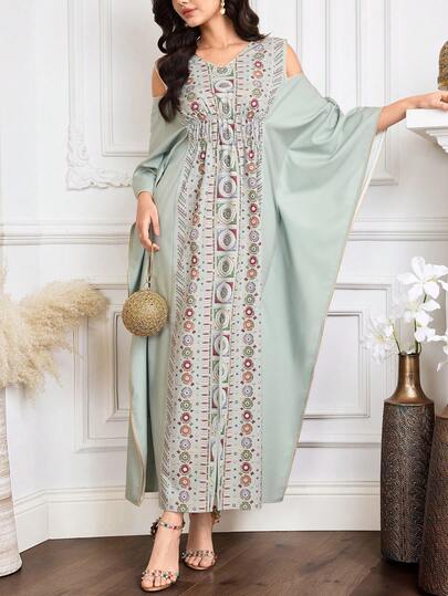 Al Najma Women's Elegant Geometric Print Off-Shoulder Loose Slit Arabic Dress, Autumn