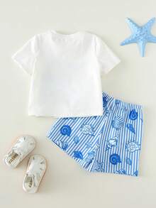 SHEIN 2件套男女宝宝休闲可爱贝壳图案短袖T恤和短裤套装，春夏宝宝服装套装 - 藍色 - 查看 2