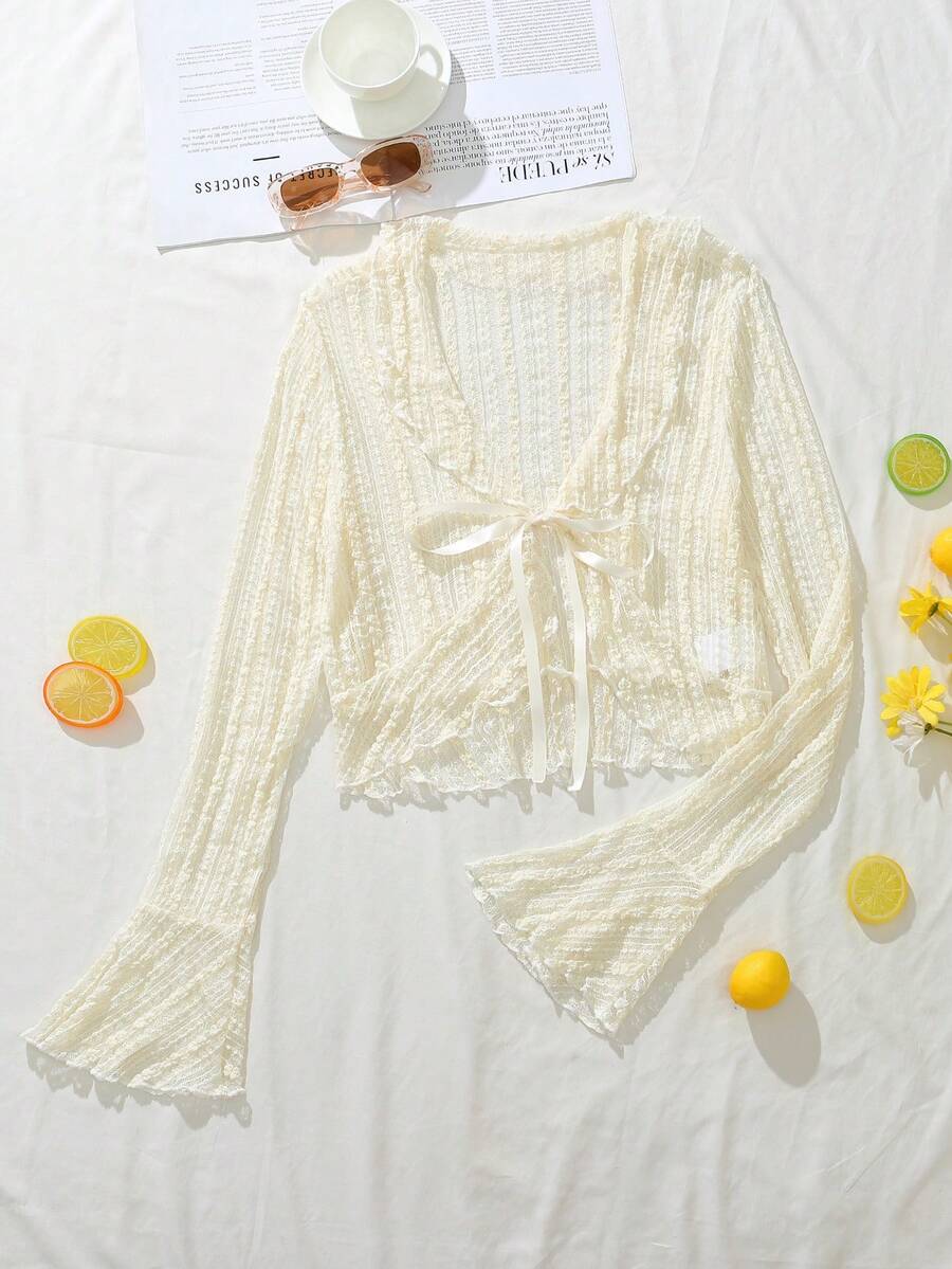 K-Vae 女士夏季新款蕾丝防晒罩衫，短款系带荷叶边喇叭袖薄纱外套 - 杏色 - 查看 1