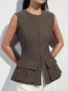 Aveloria Modichic Fashionable Design Sense Versatile Commute Casual Utility Pocket Round Neck Zipper Design Sleeveless Women Blazer - Multicolor - View 1