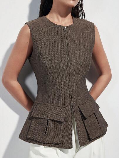 Aveloria Modichic Fashionable Design Sense Versatile Commute Casual Utility Pocket Round Neck Zipper Design Sleeveless Women Blazer