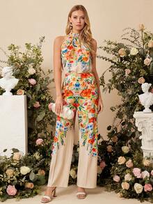 Ellevyn Women's Floral Print Halter Top And Wide Leg Pants Casual 2 Pieces Set - Multicolor - View 3