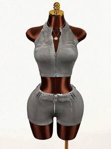 Mistrie 女士短款拉链翻领牛仔背心 - 白色 - 查看 6