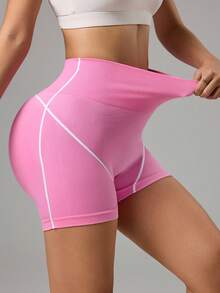 Sovereign Charm Pantalones cortos deportivos casuales de mujer con cintura alta y rayas de contraste - Rosa - Ver 4