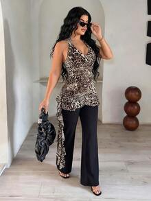 SHEIN SXY Top halter con espalda descubierta y volantes con estampado de leopardo sexy y de moda - Marrón - Ver 3