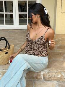 Serisse Women's Vacation Leopard Print Patchwork Ruffle Trim Camisole - Multicolor - View 4