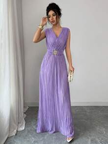 Franclia Women's Fashionable And Versatile Party Dresses, Women's Long Lilac Purple Sleeveless Wrap Dress With V-Neck Pleats, Dress With Metal Buckle Belt, Elegant And Slim Lilac Purple Banquet Dress, Women's Wedding Guest Dress, Wedding Party Dress, Women's Holiday Dress, Elegant Long Dress, Women's Beach Dress, Women's Graduation Dress, Women's Formal Dress/Gown, Women's Purple DressGraduation Season Attire, Fashionable Casual Commuter Wear, Business Office Wear, Versatile And Stylish Everyday Casual Wear, Urban Teacher's Professional Attire - Lilac Purple - View 5