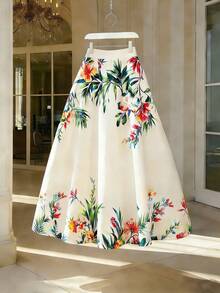 Franclia 女士花卉印花优雅时尚喇叭裙 - 米色 - 查看 5