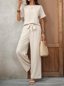 EMERY ROSE Conjunto de camisa y pantalones casuales de vacaciones para mujer - Caqui - Ver 6