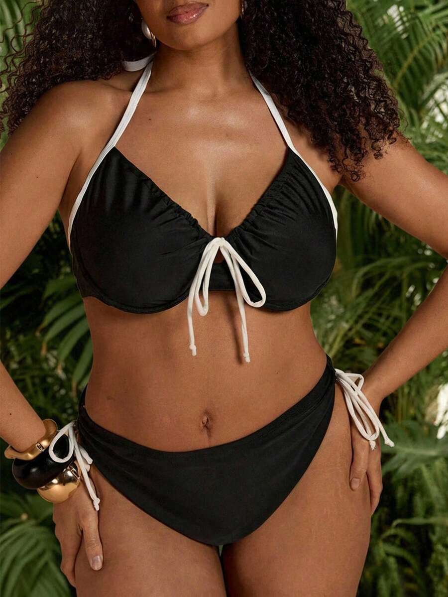 SHEIN BAE Plus Size Women's Summer Beach Color Block Halter Tie Sexy Bikini Swimwear Set Beach Outfits For Women - Black and White - View 1