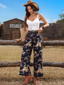 Breezaya Western Style Print High Waist Elastic Waist Wide Leg Pants - Black - View 5