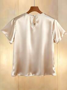 Franclia Women's Round-Neck Pearl-Encrusted Short-Sleeved Shirt,Glossy Satin Woven Fabric,Elegant,Tea Party,Holiday,Summer,White Gold,Fashionable Business Top - Apricot - View 3