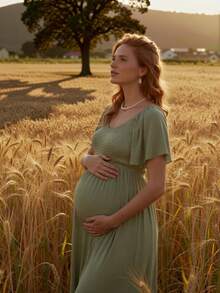 Boho Mama Maternity Solid V-Neck Casual Versatile Short Sleeve Dress - Army Green - View 2