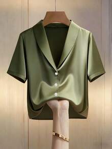 SHEIN LUNE Blouse courte à manches courtes en satin unicolore élégante de style français pour femmes - Vert - Voir 3