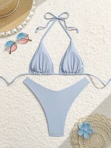 Swim Mod Women's Summer Beach Solid Color Halter Tie Sexy Bikini Swimwear Set - Baby Blue - View 2