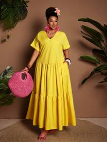 Maweii Đầm dài nữ cỡ lớn màu vàng cổ chữ V tay ngắn dáng chữ A, thích hợp cho đi làm, du lịch, nghỉ dưỡng, thiết kế tối giản, thanh lịch, mặc hàng ngày. - Màu vàng - Xem 7