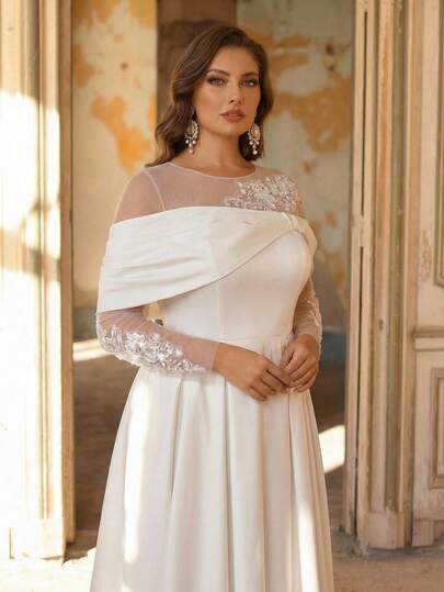 Aureia Plus Size Elegant Romantic White Off Shoulder Big Bow Sequins Rhinestone Applique Sheer Long Sleeve Backless Tie Maxi Dress, Suitable For Wedding Events And Bridal Gifts Elegant White Dress Satin White Dress French Style Dress Midi White Gown