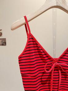 Franclia Women's Striped Knotted Design Casual Versatile Daily Wear Camisole Top, Spring/Summer - Red - View 4