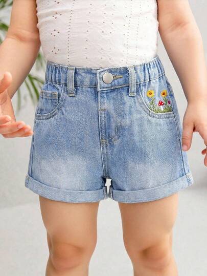 女童休闲时尚百搭彩色花卉刺绣水洗牛仔短裤