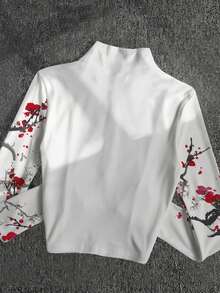 Lalippa 女士梅花水墨画风格红黑撞色印花轻薄外套，时尚休闲运动拉链设计，修身长袖，适合户外旅行，礼品 - 白色 - 查看 2