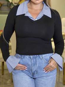 Cioccolato 1 件女式条纹拼接不对称下摆紧身长袖 T 恤，二合一衬衫领，时尚休闲街头风格，秋冬图案 T 恤女式春季上衣 - 彩色 - 查看 6